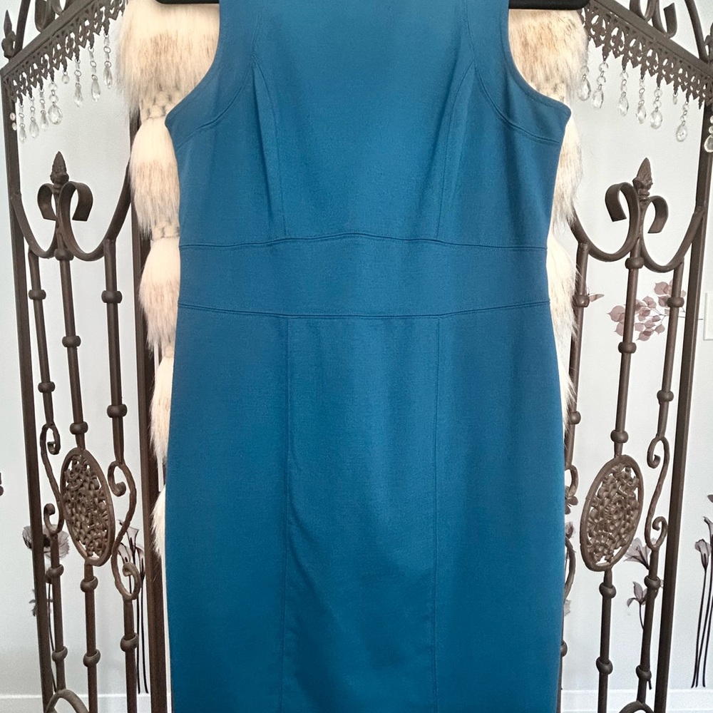 Ann Taylor Blue Sheath Midi Dress Crew Neck Sleeveless